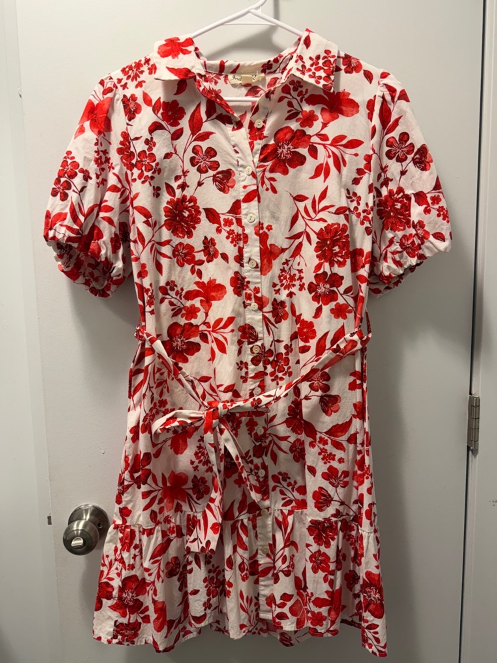 Red Floral Button-Front Mini Dress with Tie Waist